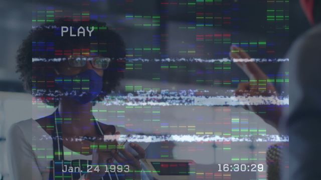 This artwork creatively combines a retro VHS glitch effect with an animation of a waitress taking an order, using mosaic squares. The combination of vintage technology elements and human interaction offers nostalgic appeal alongside contemporary references. Ideal for use in projects related to retro-themed events, social media campaigns or concepts focusing on the merging of old and new technologies.