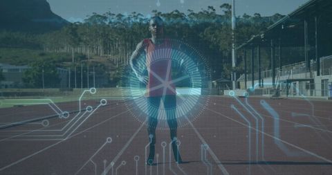 Athlete Enhanced with Futuristic Digital World Overlay