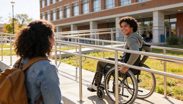 Smiling college student using manual wheelchair on campus ramp chatting with friend