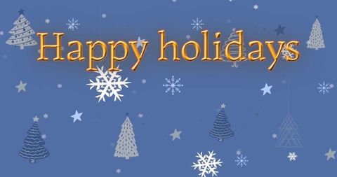 Festive Holiday Card with Snowflakes and Christmas Trees on Blue Background