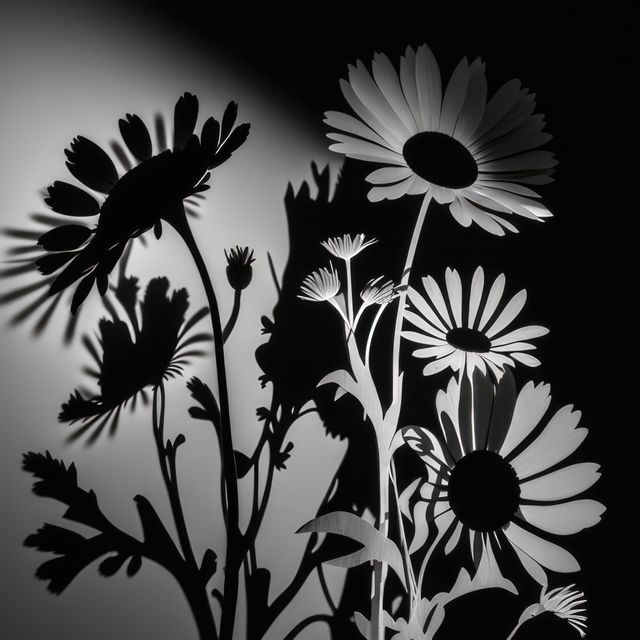Daisy flowers are casting intricate shadows on the wall in dramatic black and white composition. This artfully captured photo highlights the delicate structure of the flowers and plays with light and shadow. Ideal for wall art, nature-themed decor, botany studies, or creative design projects.