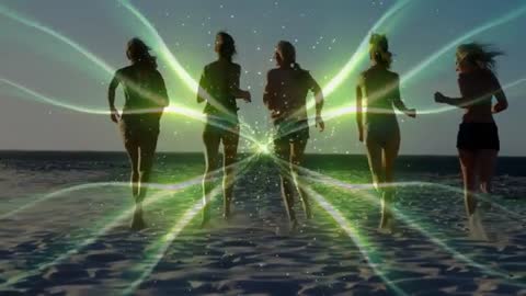 Group of Women Running on Beach with Neon Light Effects at Sunset