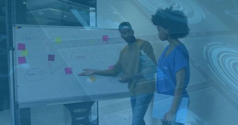 Business Colleagues Discussing Strategies Next to Whiteboard