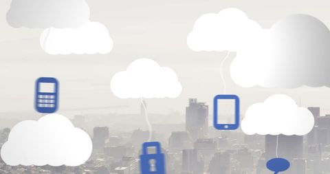 Digital Cloud Icons Overlaying Cityscape Highlighting Connectivity - Download Free Stock Images Pikwizard.com