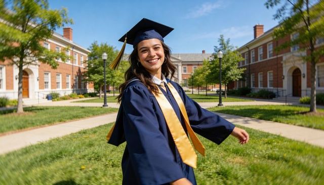 Smiling graduate twirling in navy cap and gown with gold stole on redbrick university quad