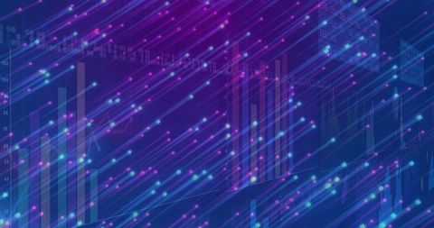 Futuristic Neon Data Streams Crossing Digital Dashboard with Abstract Charts and Nodes