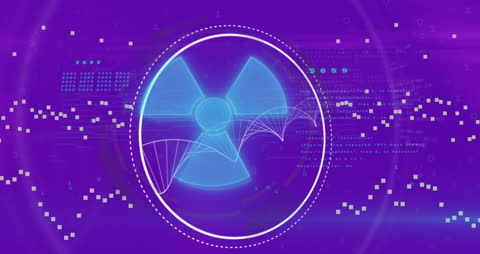 Animated Radioactive Symbol with DNA and Data on Purple Background
