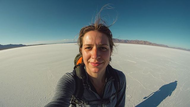 Solo hiker capturing windblown selfie on vast salt flat at golden hour with backpack