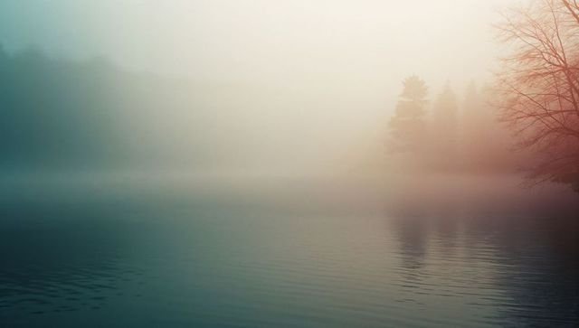 Misty Dawn Lake Reflecting Silhouetted Trees in Ethereal Landscape