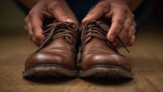 Tying brown leather boots on wooden floor closeup, hands lacing workwear footwear