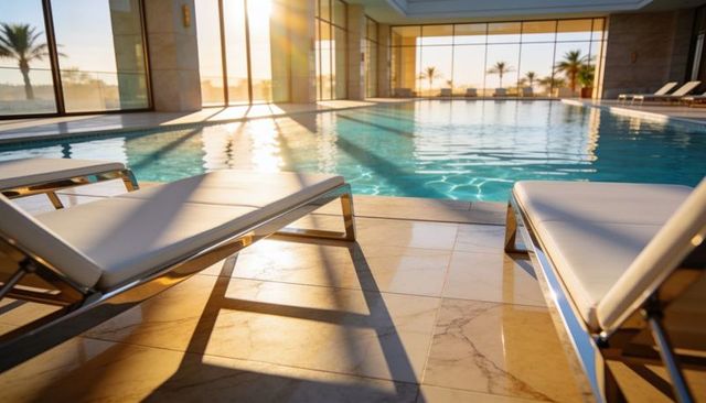 Luxury indoor pool basking in sunrise light with turquoise water and sleek lounge chairs