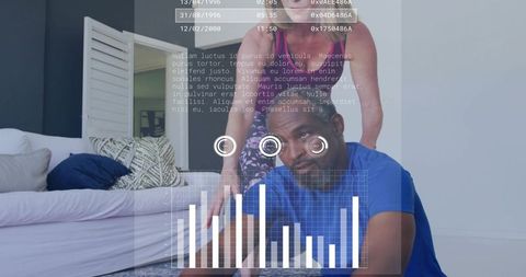 Couple analyzing home fitness data with augmented reality hud bar chart overlay