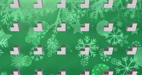 Festive Pattern with 3D Shapes and Snowflakes on Green