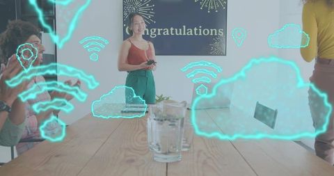 Asian woman presenting in office holding phone, colleagues applauding, cloud wifi graphics