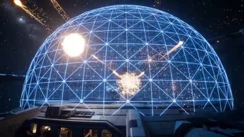 Spaceship Shield Absorbing Incoming Fire with Blue Geodesic Energy Dome in Space Battle