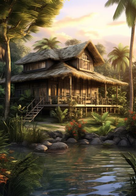 This image showcases a traditional wooden house located by a tranquil tropical lagoon. The house, surrounded by lush vegetation including palm trees and vibrant flowers, evokes a sense of peace and nature. The serene sunlight accentuates the beauty of the natural setting. Ideal for travel brochures, ecotourism promotions, real estate advertisements, and environmental conservation campaigns.