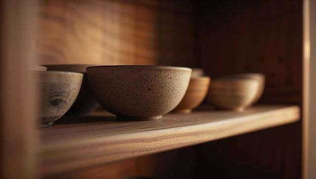 Speckled ceramic bowl sitting on wooden shelf with warm minimalist lighting rustic pottery
