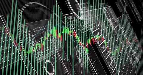 Futuristic Digital Dashboard with Candlestick Graphs and Data Panels