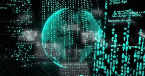 Neon Green Wireframe Globe with Digital Code Matrix