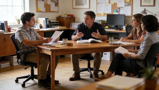 Manager leading team meeting at wooden table discussing strategy, planning, collaboration