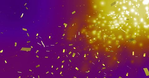 Gold Confetti Falling Against Vibrant Purple and Yellow