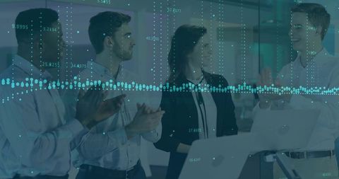 Business Team Applauding Speaker During Tech Presentation with Data Visualization Overlay