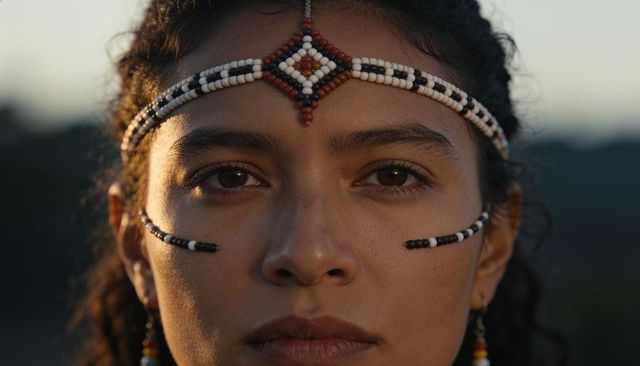 Young woman wearing beaded headband and cheek lines, closeup portrait at golden hour