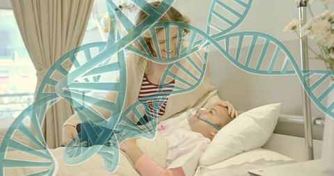 Mother comforting child in hospital bed with dna helix overlay representing genetic care