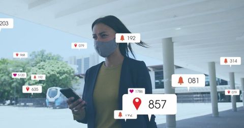 Woman Using Social Media on Smartphone with Notification Icons