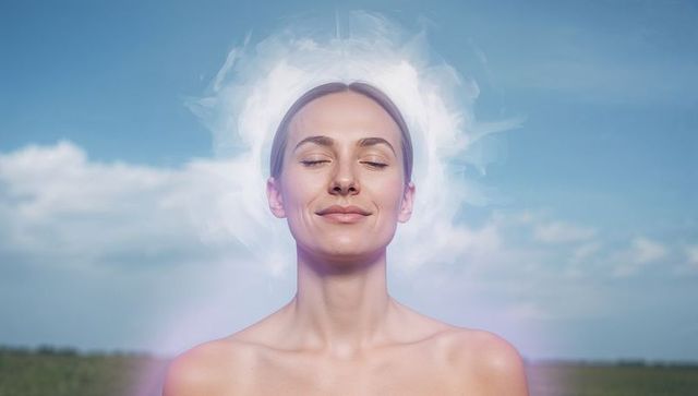 Serene woman meditating outdoors with glowing halo aura, closed eyes and bare shoulders