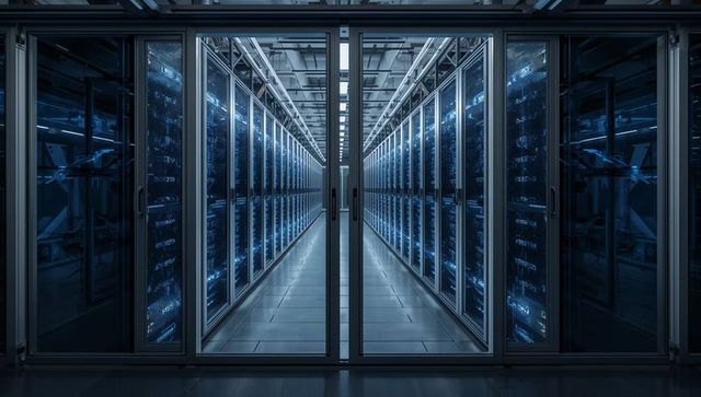 Futuristic Symmetric Data Center Corridor Through Glass Doors with Blue LED Server Racks