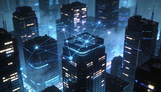 Smart city network connecting skyscraper rooftops with glowing blue data grid at night