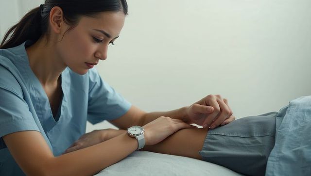 Compassionate nurse checking patient wrist at bedside wearing blue scrubs and silver watch