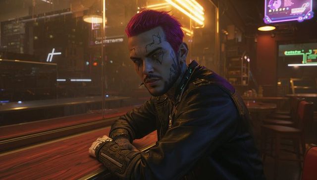 Cyberpunk man in neon-lit bar with holographic menu