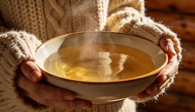 Woman cradling steaming bowl of golden broth in cozy cabin knit sweater glow