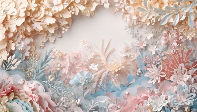 Handcrafted pastel layered paper floral collage with die-cut leaves and filigree depth