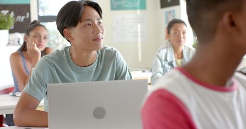 Diverse high school students engaged in modern classroom