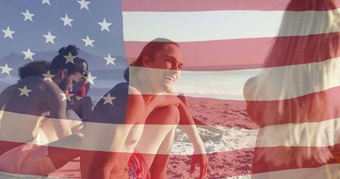 Young Adults Enjoying Beach Day Overlayed with American Flag