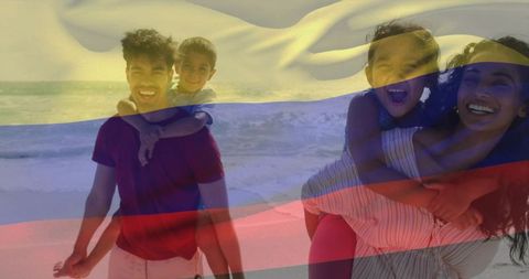 Smiling parents carrying children piggyback at beach with tricolor flag overlay celebrating joy
