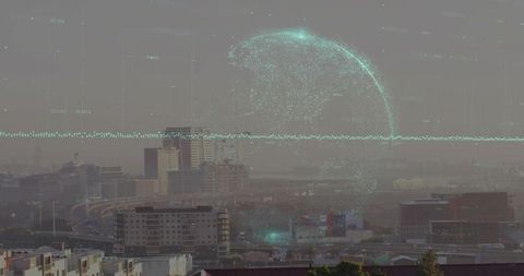 Hazy Cityscape Featuring Teal Holographic Globe and Data Wave Overlay
