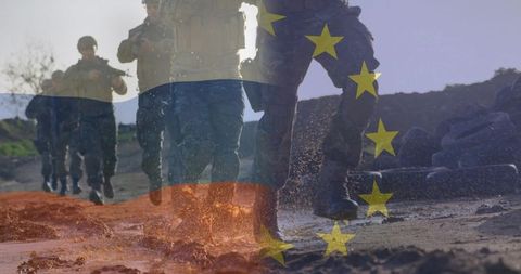 Soldiers marching through mud with European Union and Russian flag overlays