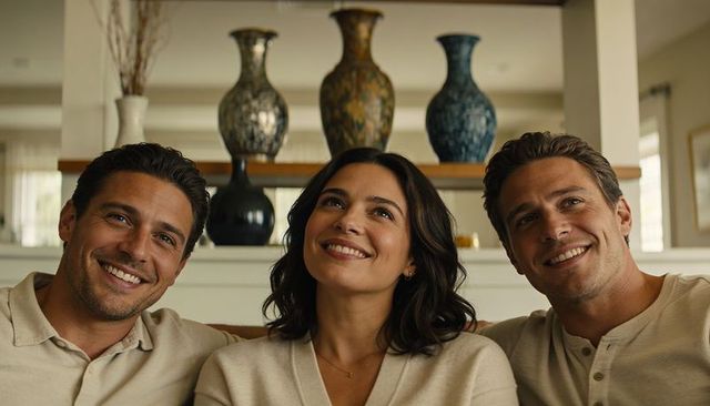 Three smiling adults relaxing on cozy living room sofa with ceramic vases and natural light