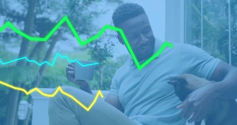 Man relaxing on terrace with dog and coffee, neon data graph overlay for lifestyle