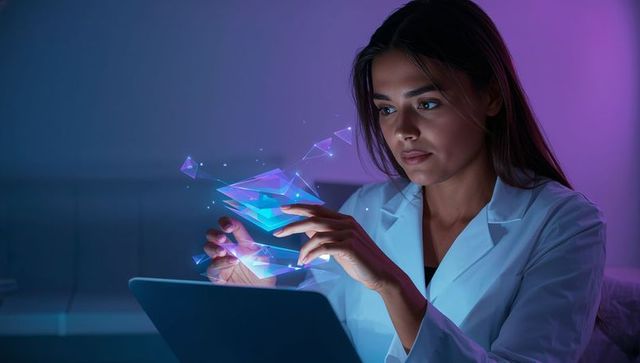 Female researcher interacting with 3d holographic interface on laptop in neon lab