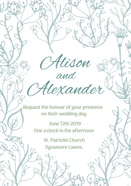 Elegant floral wedding invitation features delicate green vines and tender artistic foliage. Perfect for couples looking for a stylish and formal way to invite guests. Suitable for weddings, bridal showers, engagement parties, and other romantic ceremonies. Ideal for printing or digital use, with ample space for personalized text and details.