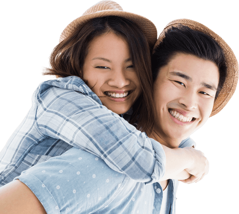 Young couple enjoying playful piggyback ride transparent background