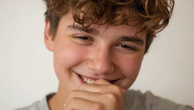 Smiling teenage boy bringing hand to mouth, freckled face, gray crewneck close-up portrait