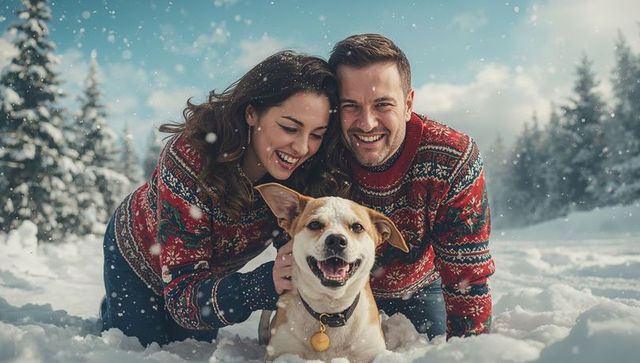 Cheerful couple playing in snow with dog in winter wonderland