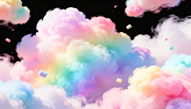 Iridescent Cotton Candy Clouds Glowing in Black Void with Floating Marshmallow Pieces