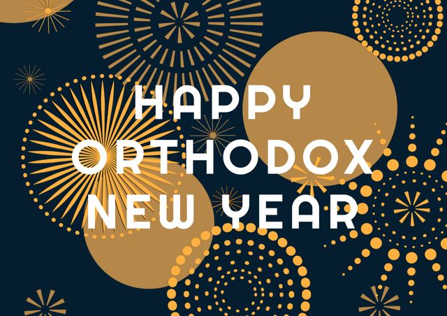 Festive Orthodox New Year greeting card with gold fireworks on a navy blue background. Ideal for holiday celebrations, social media posts, printable greeting cards, and digital invitations.